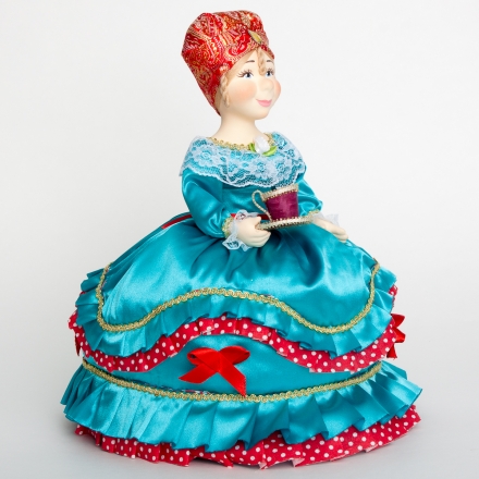 Doll-warmer on a teapot with a cup, turquoise 30 cm