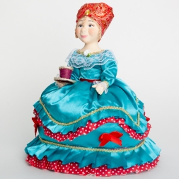 Doll-warmer on a teapot with a cup, turquoise 30 cm